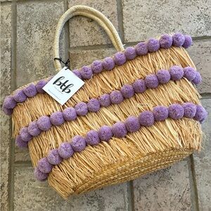 Nwt btb Straw Weave Tote Purple Pom Poms Olivia